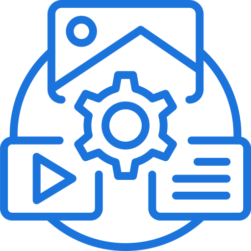 Content marketing agency: Gear surrounded by image, video, and text icons, representing content creation.
