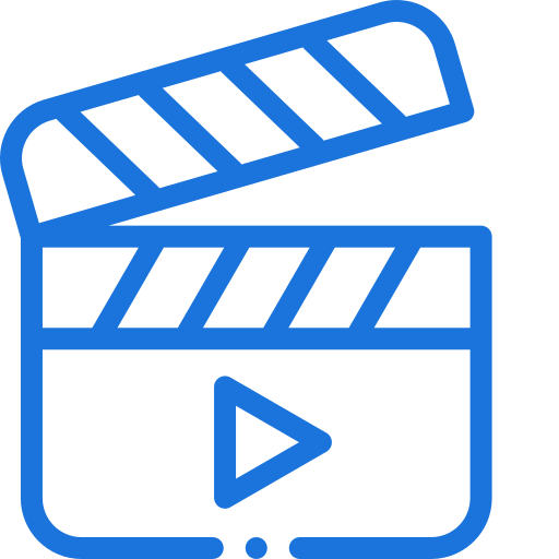 Blue clapperboard icon with a play button, representing video marketing and content creation.